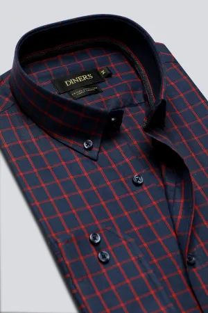 Navy Windowpane Check Casual Shirt