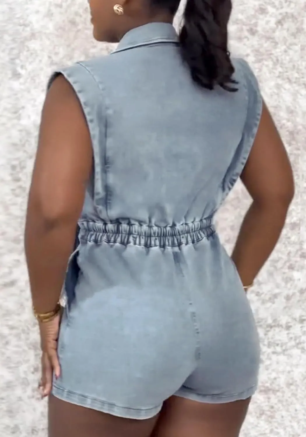 NRTHYE Women Denim Short Romper Sexy Sleeveless Lapel Hollow out One Piece Jean Jumpsuit Short Overalls Club Outfits