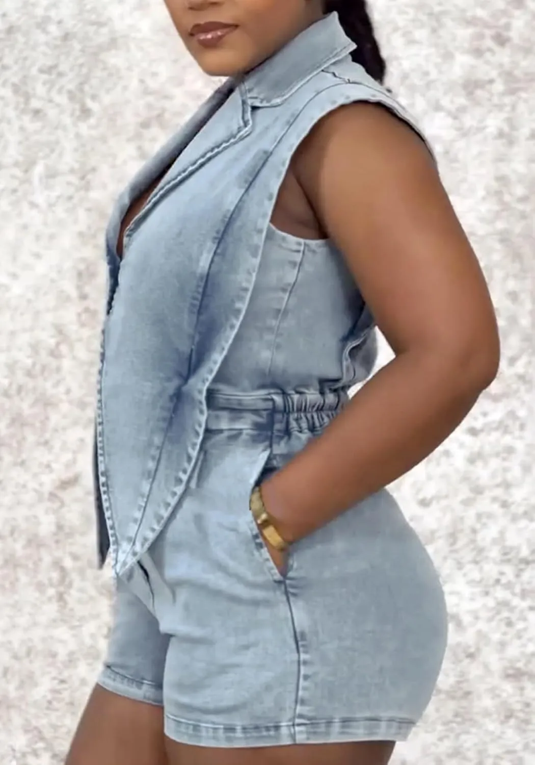 NRTHYE Women Denim Short Romper Sexy Sleeveless Lapel Hollow out One Piece Jean Jumpsuit Short Overalls Club Outfits
