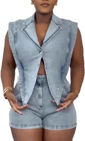 NRTHYE Women Denim Short Romper Sexy Sleeveless Lapel Hollow out One Piece Jean Jumpsuit Short Overalls Club Outfits