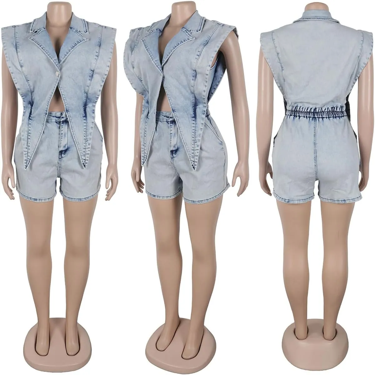 NRTHYE Women Denim Short Romper Sexy Sleeveless Lapel Hollow out One Piece Jean Jumpsuit Short Overalls Club Outfits