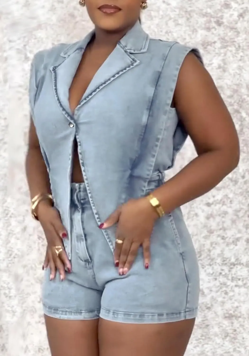 NRTHYE Women Denim Short Romper Sexy Sleeveless Lapel Hollow out One Piece Jean Jumpsuit Short Overalls Club Outfits
