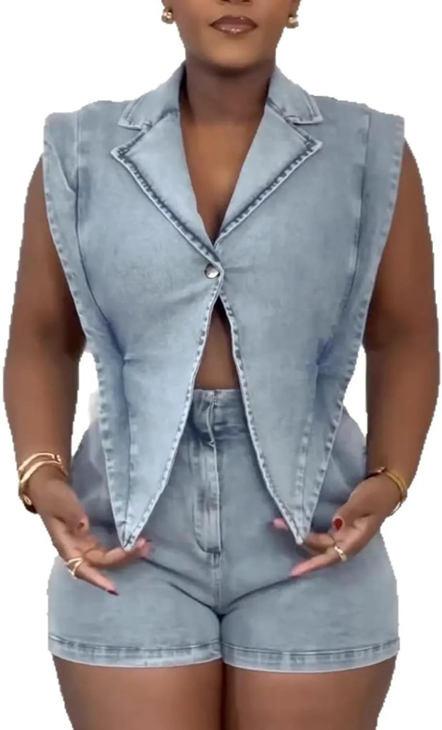 NRTHYE Women Denim Short Romper Sexy Sleeveless Lapel Hollow out One Piece Jean Jumpsuit Short Overalls Club Outfits