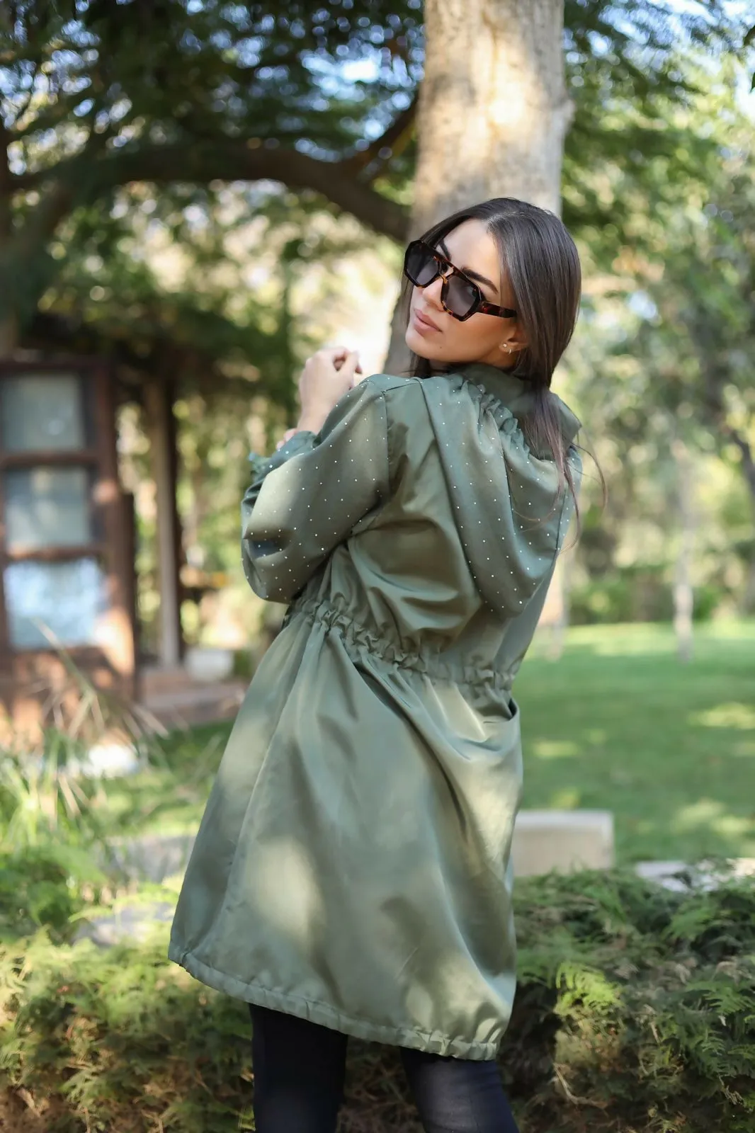 Olive Waterproof jacket X Linen and studs