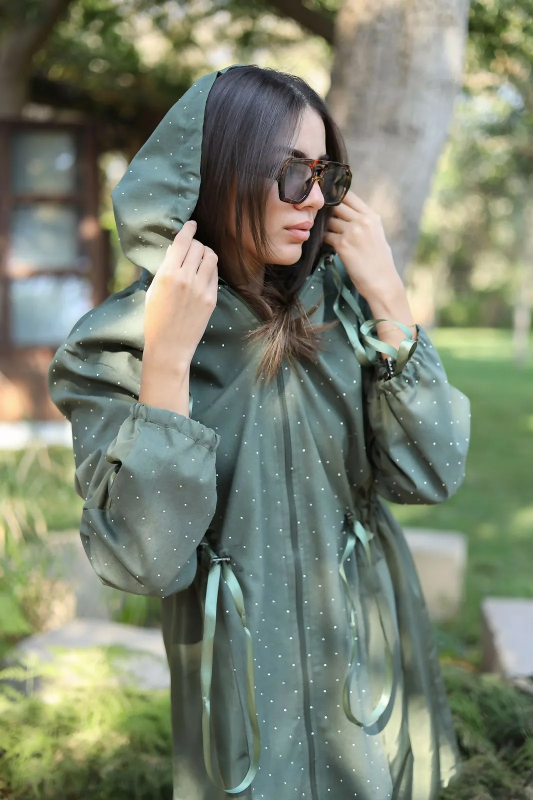 Olive Waterproof jacket X Linen and studs