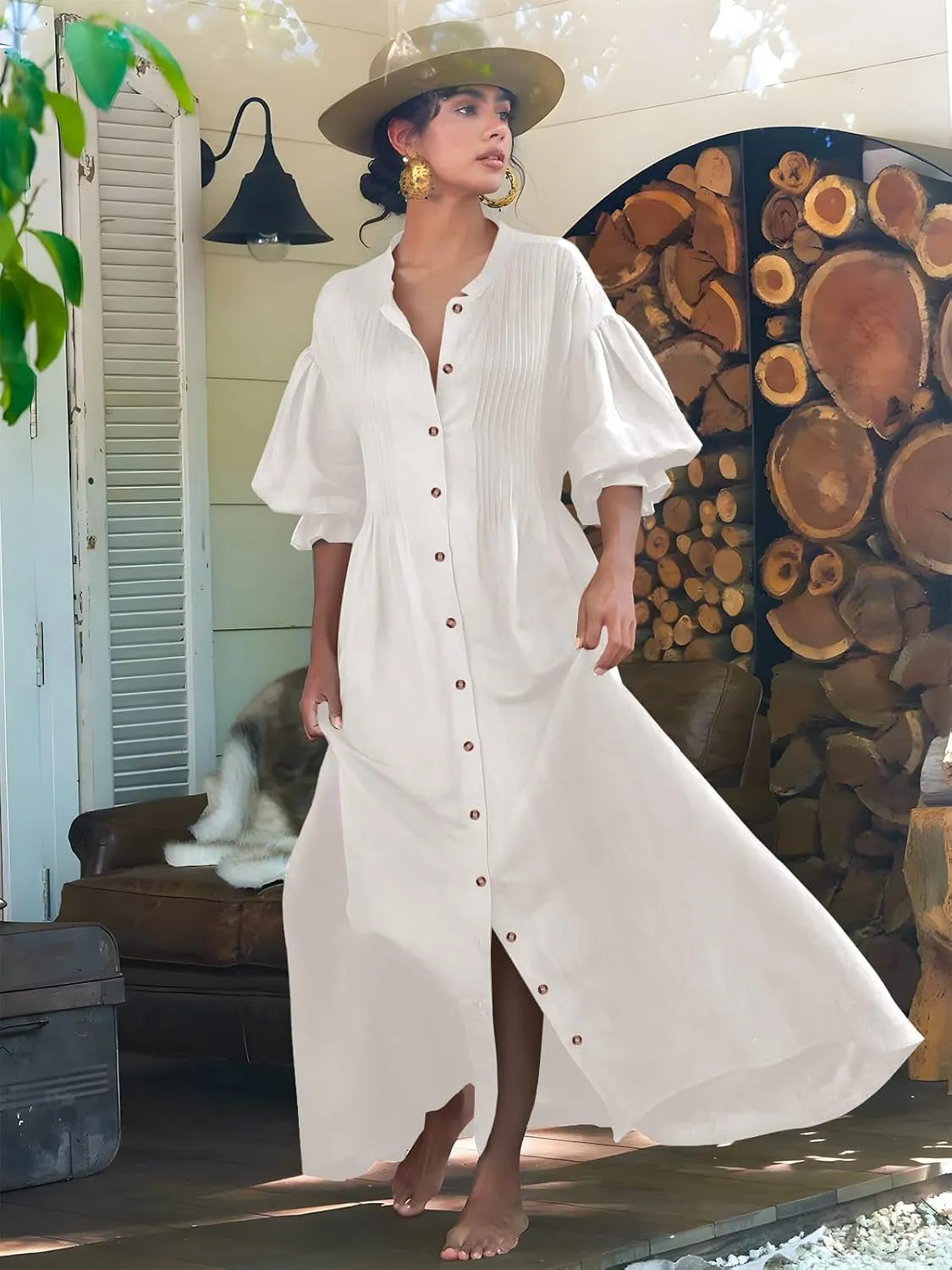 Paintcolors Women's Long Sleeve Maxi Dress Casual Button Down V Neck Flowy Belted Tie Waist A-Line Loose Shirt Swing Dresses