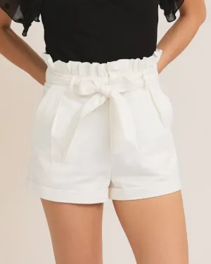 Paperbag Cotton Twill Shorts - White