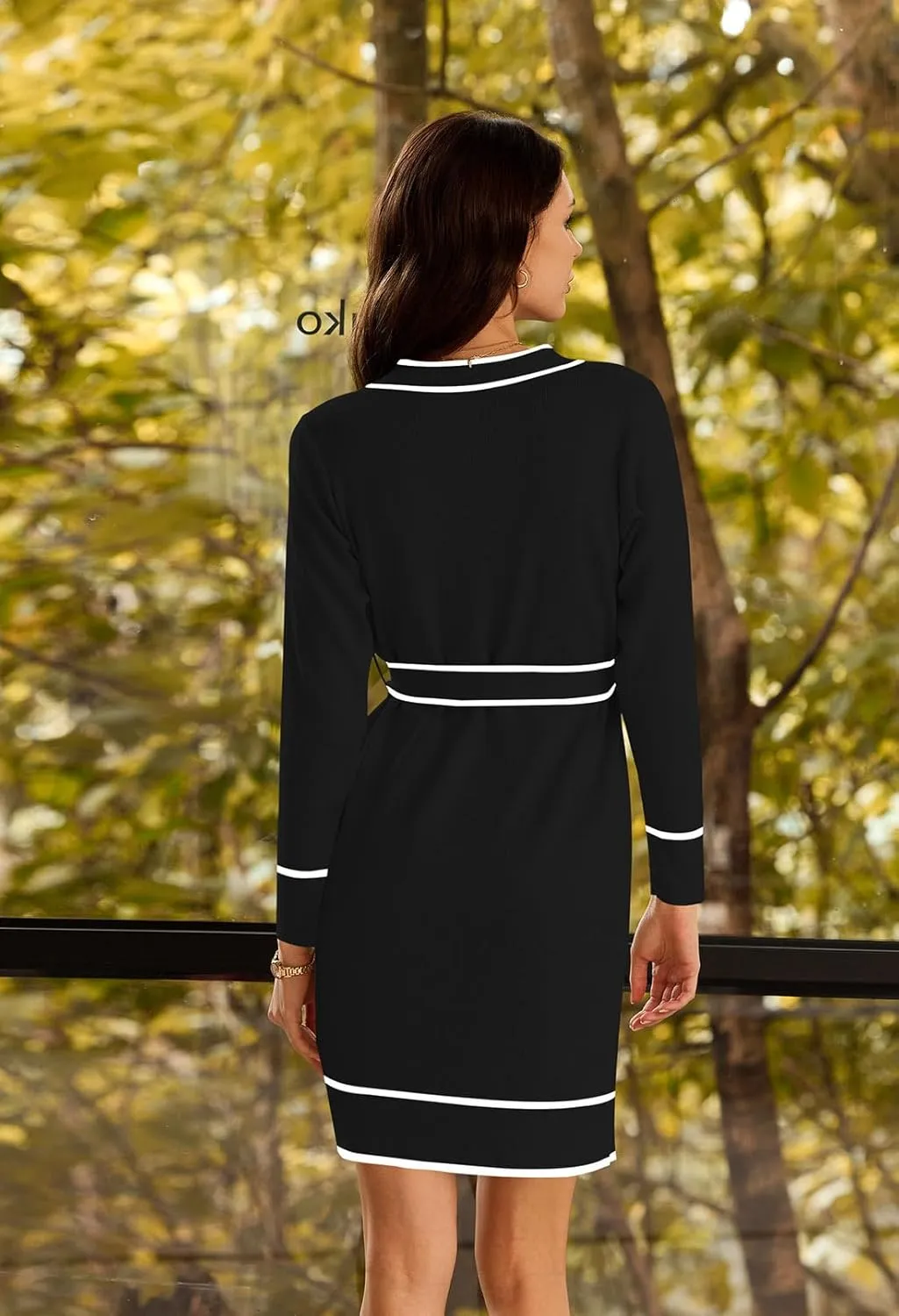 Pink Queen Women's Long Sleeve Button Down Mini Dress Elegant V Neck Open Front Color Block Knit Sweater Cardiagns with Belt