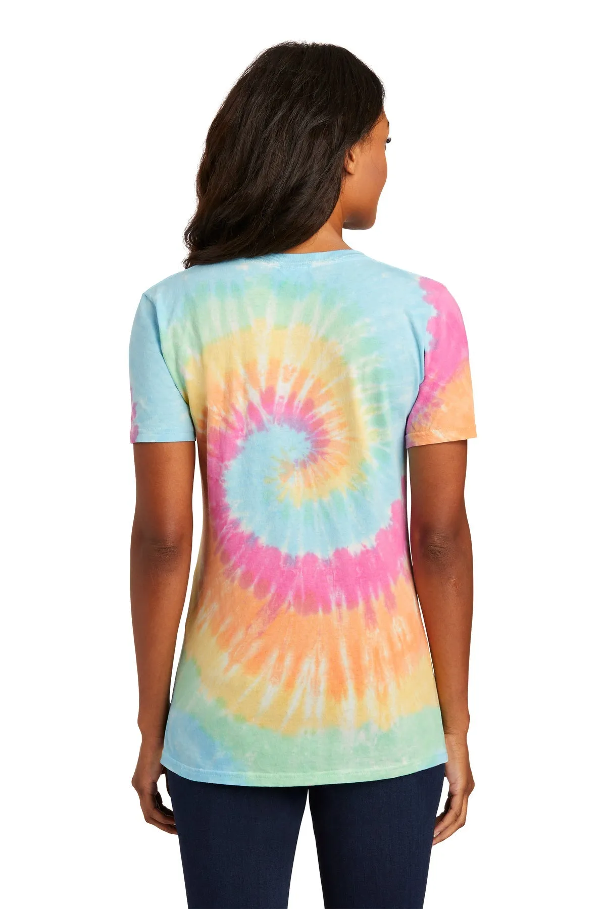 Port & Company Ladies Tie Dye Custom V-Neck Tee's, Pastel Rainbow