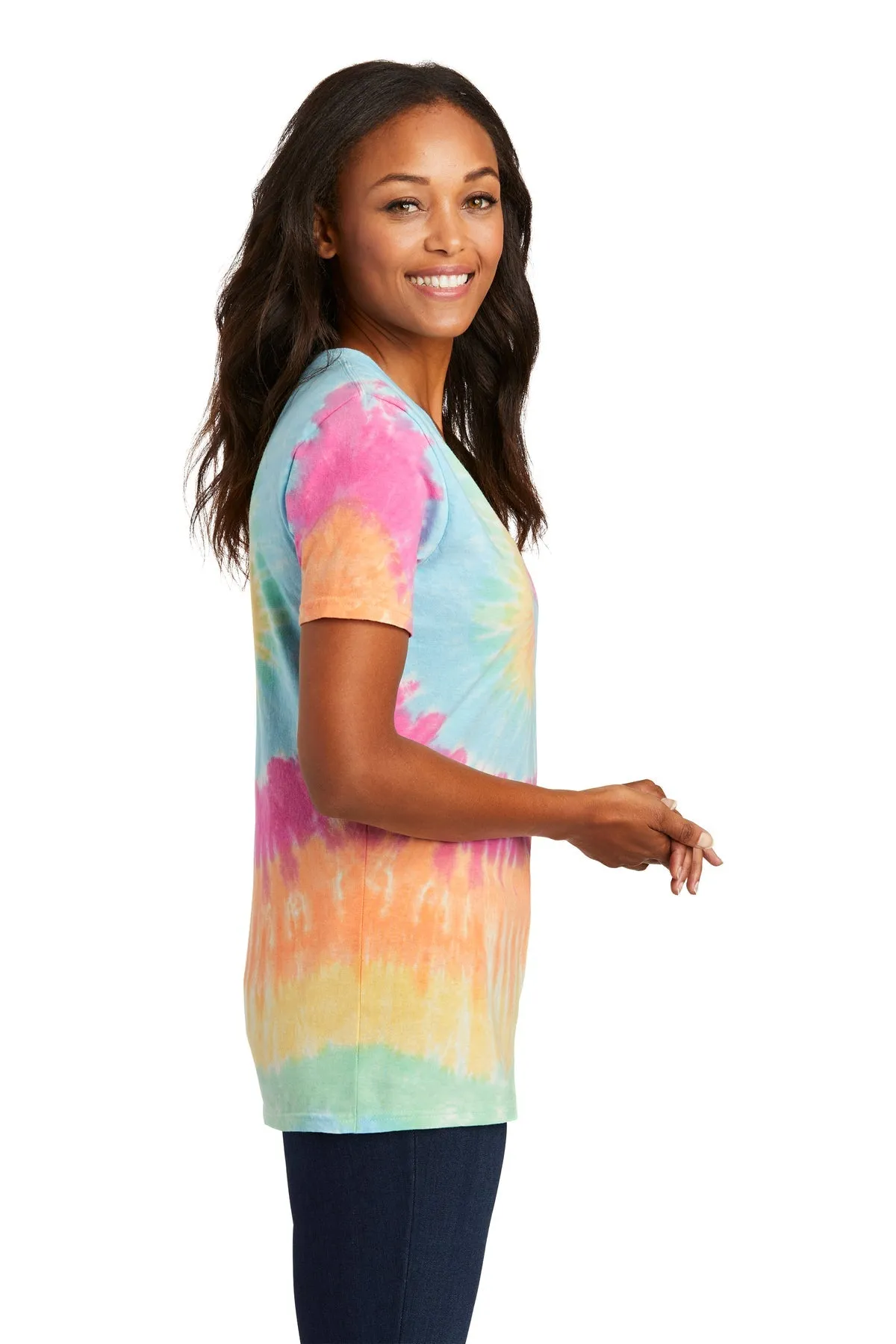 Port & Company Ladies Tie Dye Custom V-Neck Tee's, Pastel Rainbow