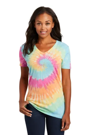 Port & Company Ladies Tie Dye Custom V-Neck Tee's, Pastel Rainbow
