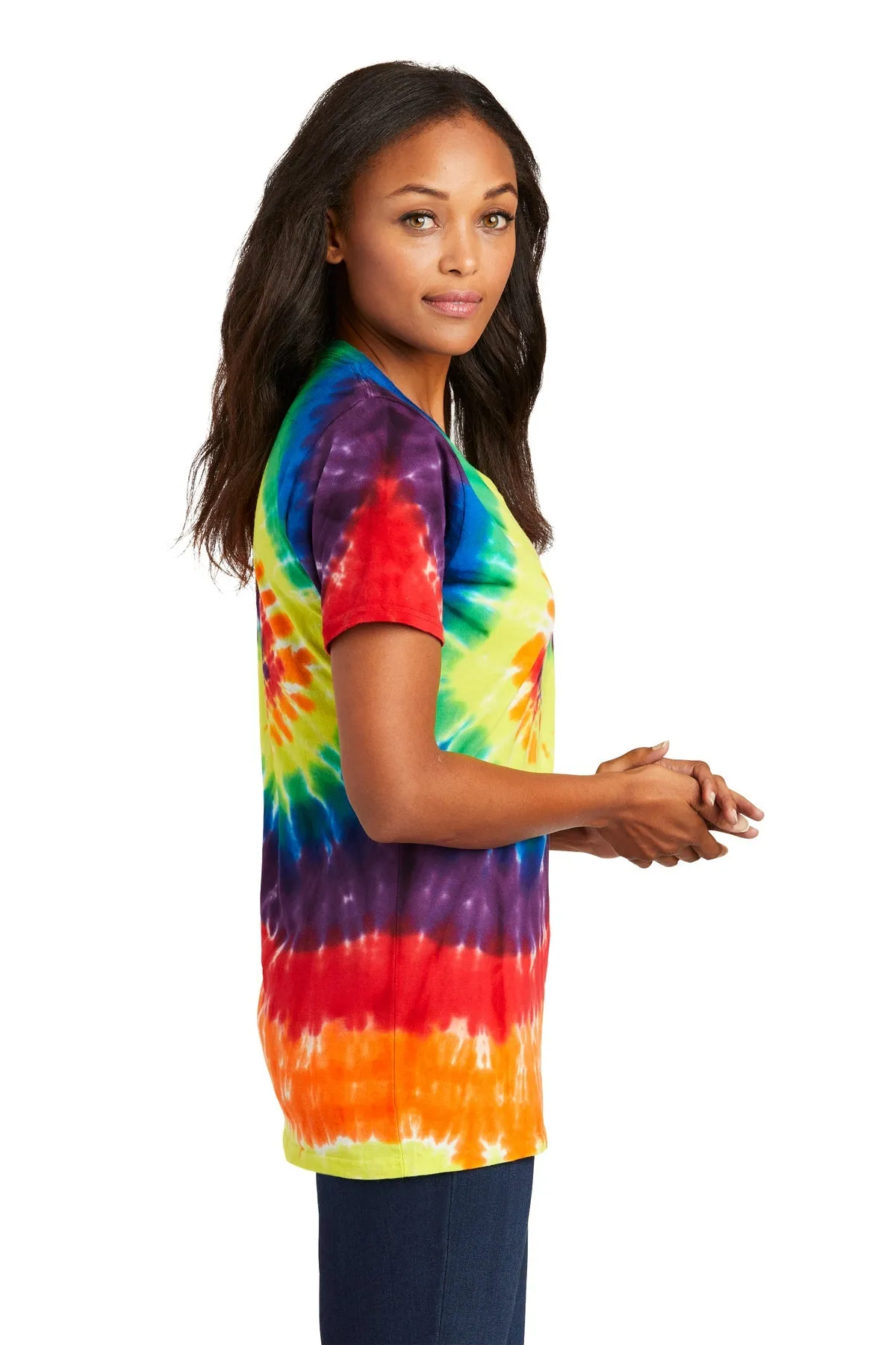 Port & Company Ladies Tie Dye Custom V-Neck Tee's, Rainbow