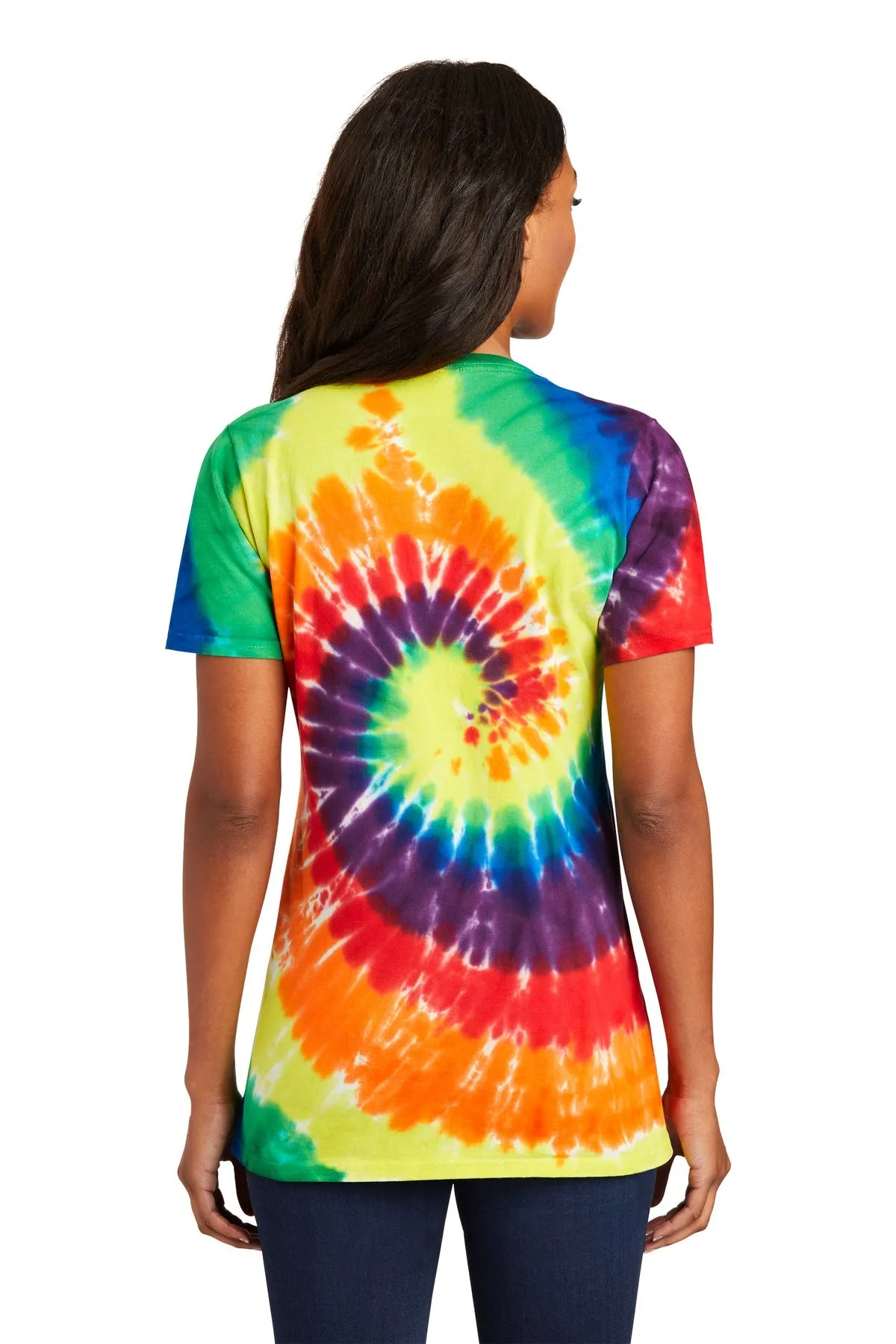 Port & Company Ladies Tie Dye Custom V-Neck Tee's, Rainbow