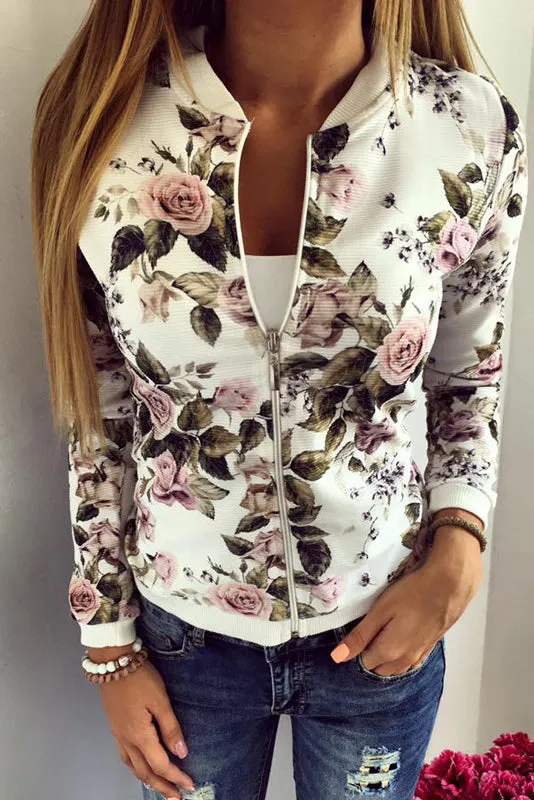 Print Zipper Flowers Print Short Coat