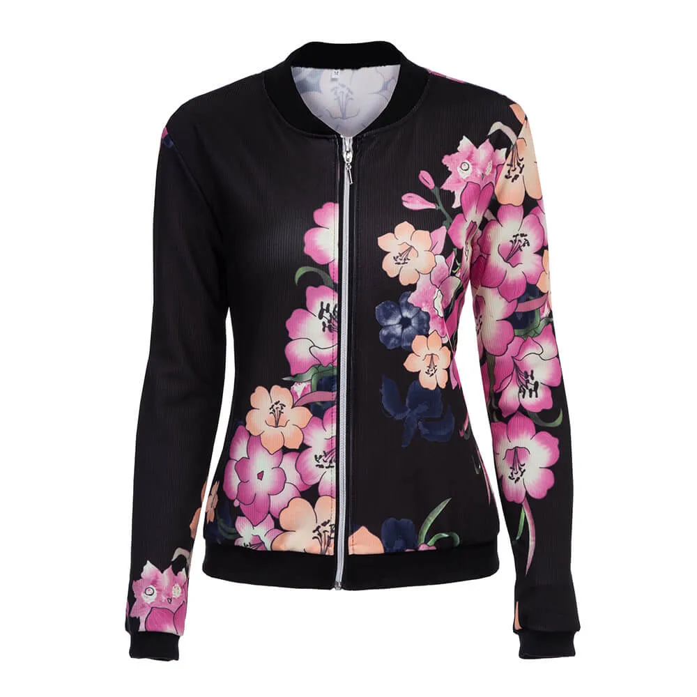 Print Zipper Flowers Print Short Coat