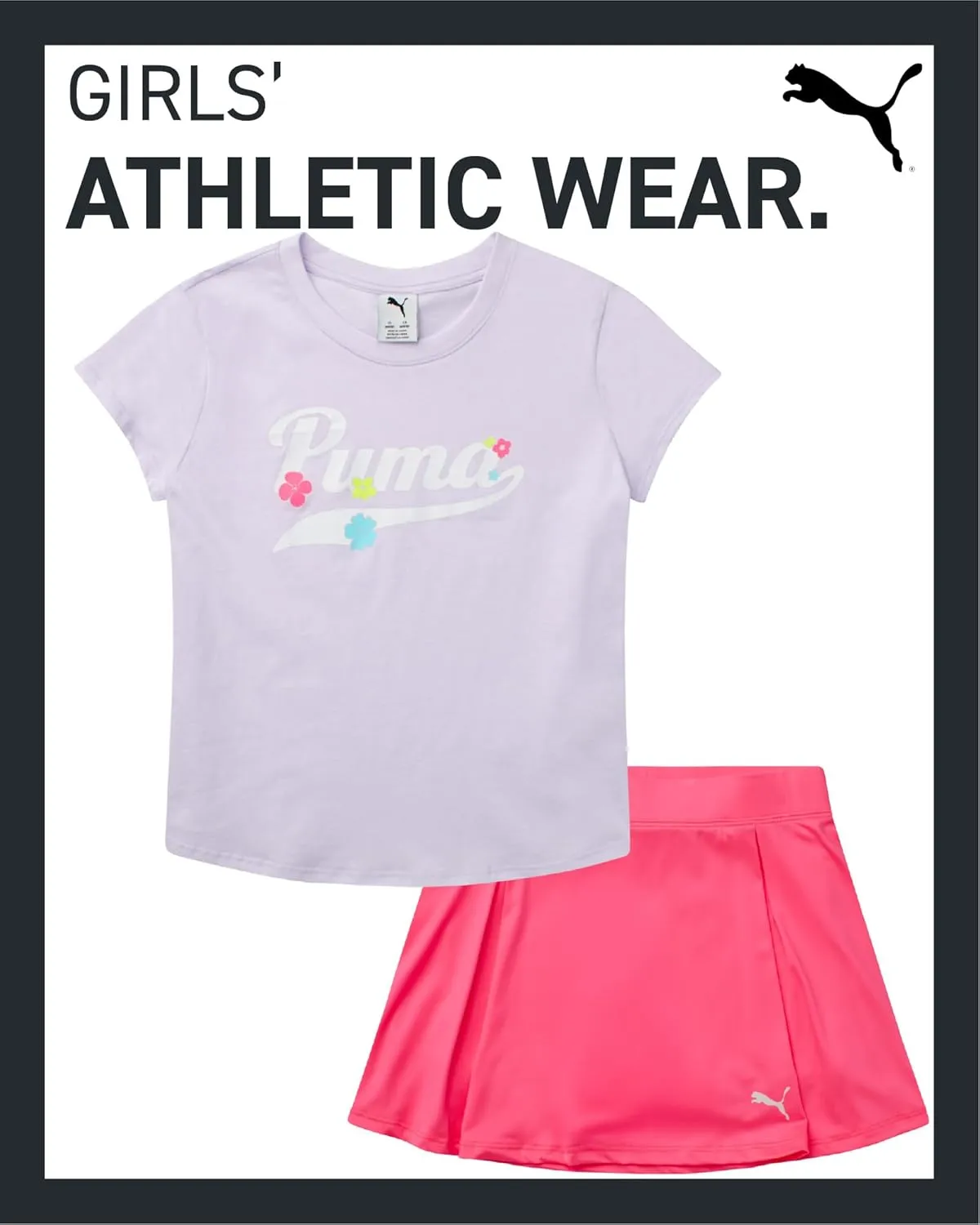 PUMA Girls Active Skirt Set- 2 Piece Active Skort and Short Sleeve Athletic T-Shirt - Sporty Girls Summer Outfits Set (7-14)