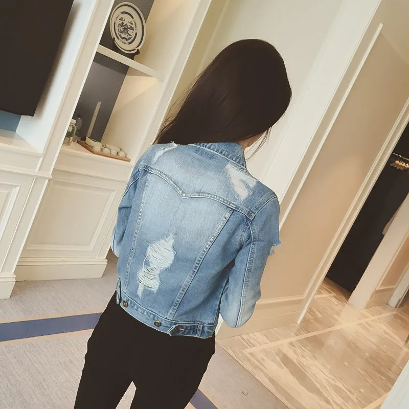 Pure Color Hole Slim Thin Beggar Style Short Denim Coat