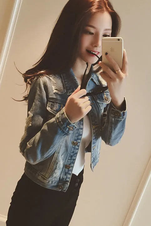 Pure Color Hole Slim Thin Beggar Style Short Denim Coat