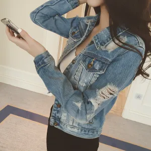 Pure Color Hole Slim Thin Beggar Style Short Denim Coat