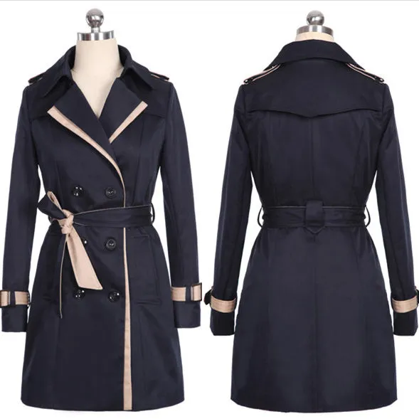 Pure Color Lapel Double Breasted Strap Belt Middle Length Coat