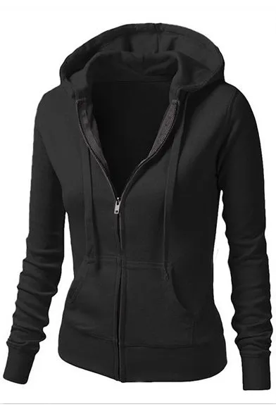 Pure Color Zipper Slim Hooded Coat