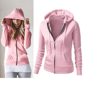 Pure Color Zipper Slim Hooded Coat