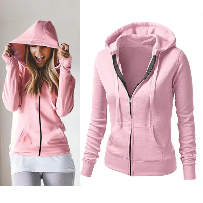Pure Color Zipper Slim Hooded Coat