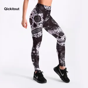Qickitout Leggings Fitness Slim Women's Black&White skull mas Legging Sexy Fashion Stretch Digital Print Pants Cool Trousers