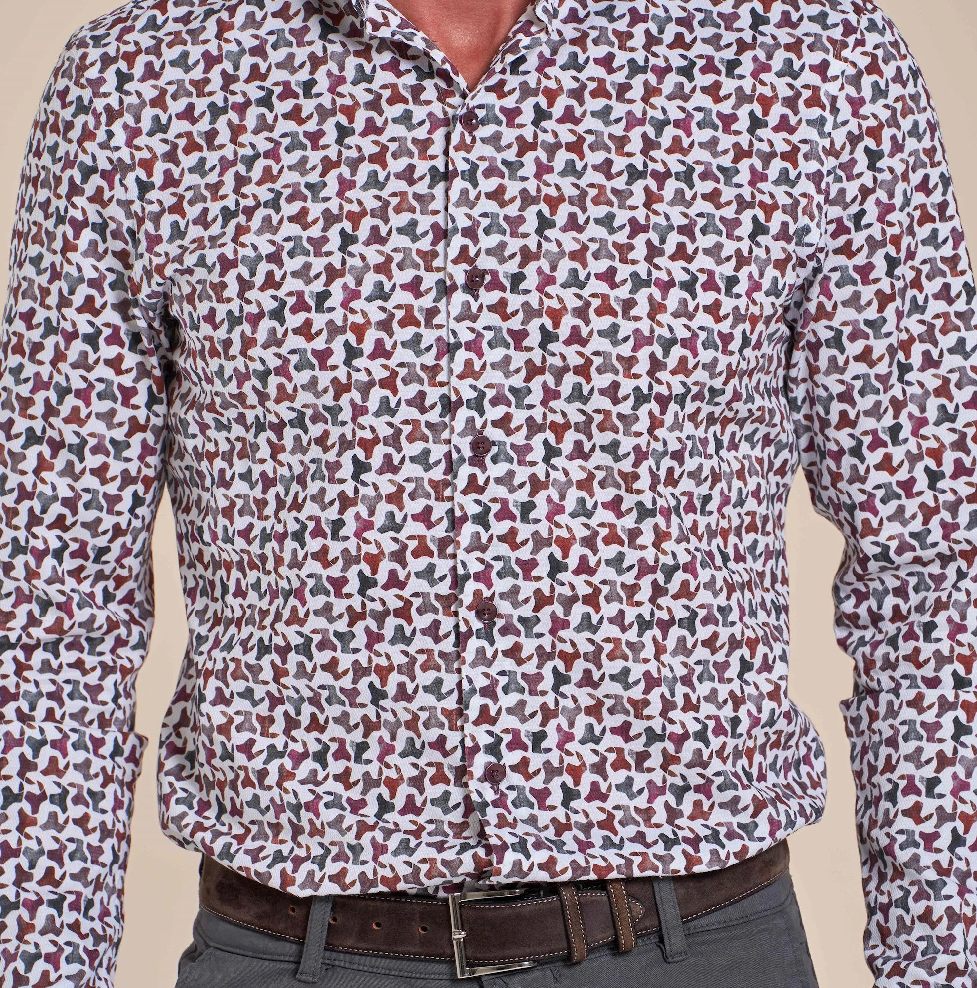R2 Amsterdam White With Burgundy Abstract Camo Print Long Sleeve Button Up Shirt