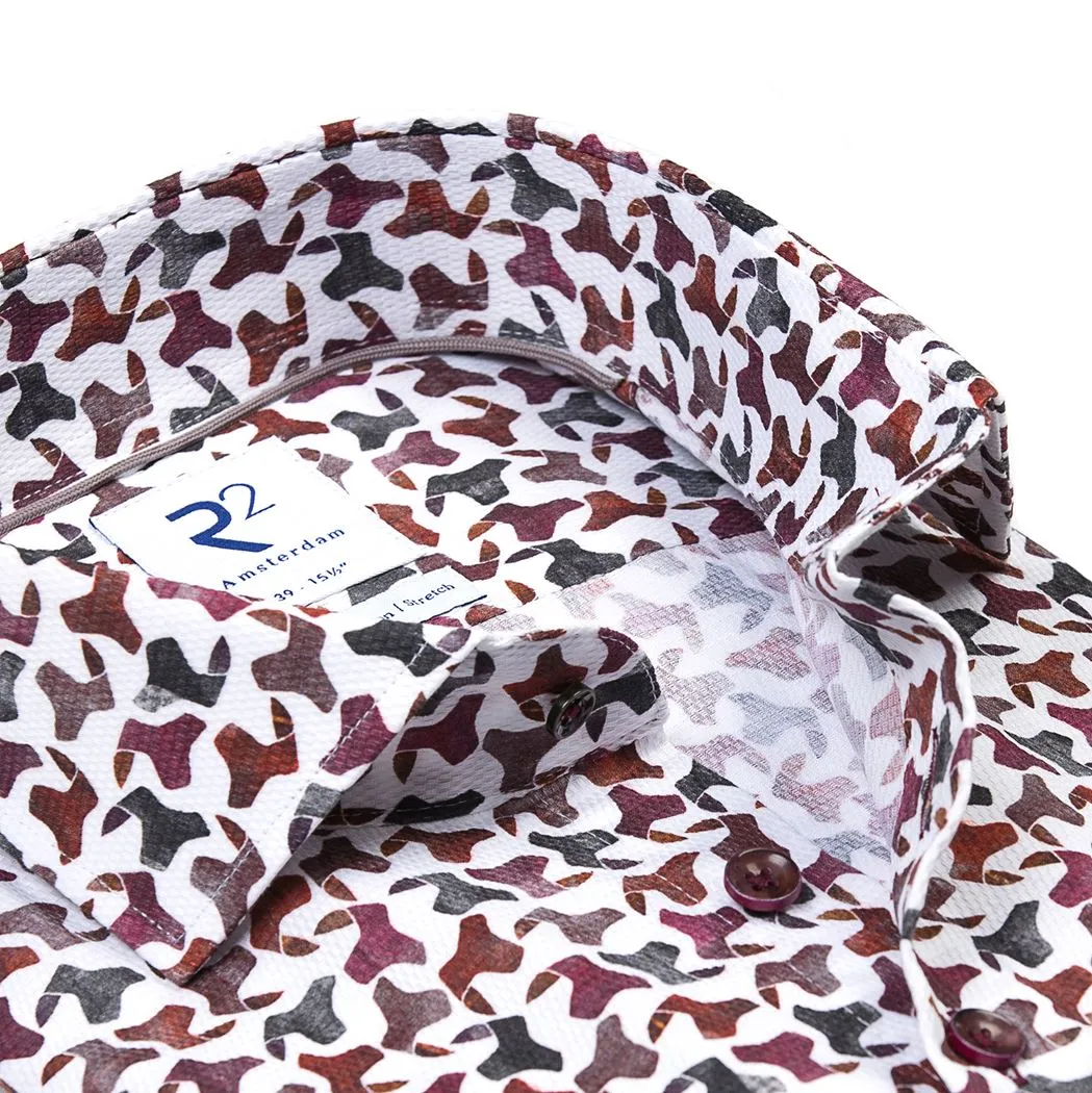 R2 Amsterdam White With Burgundy Abstract Camo Print Long Sleeve Button Up Shirt