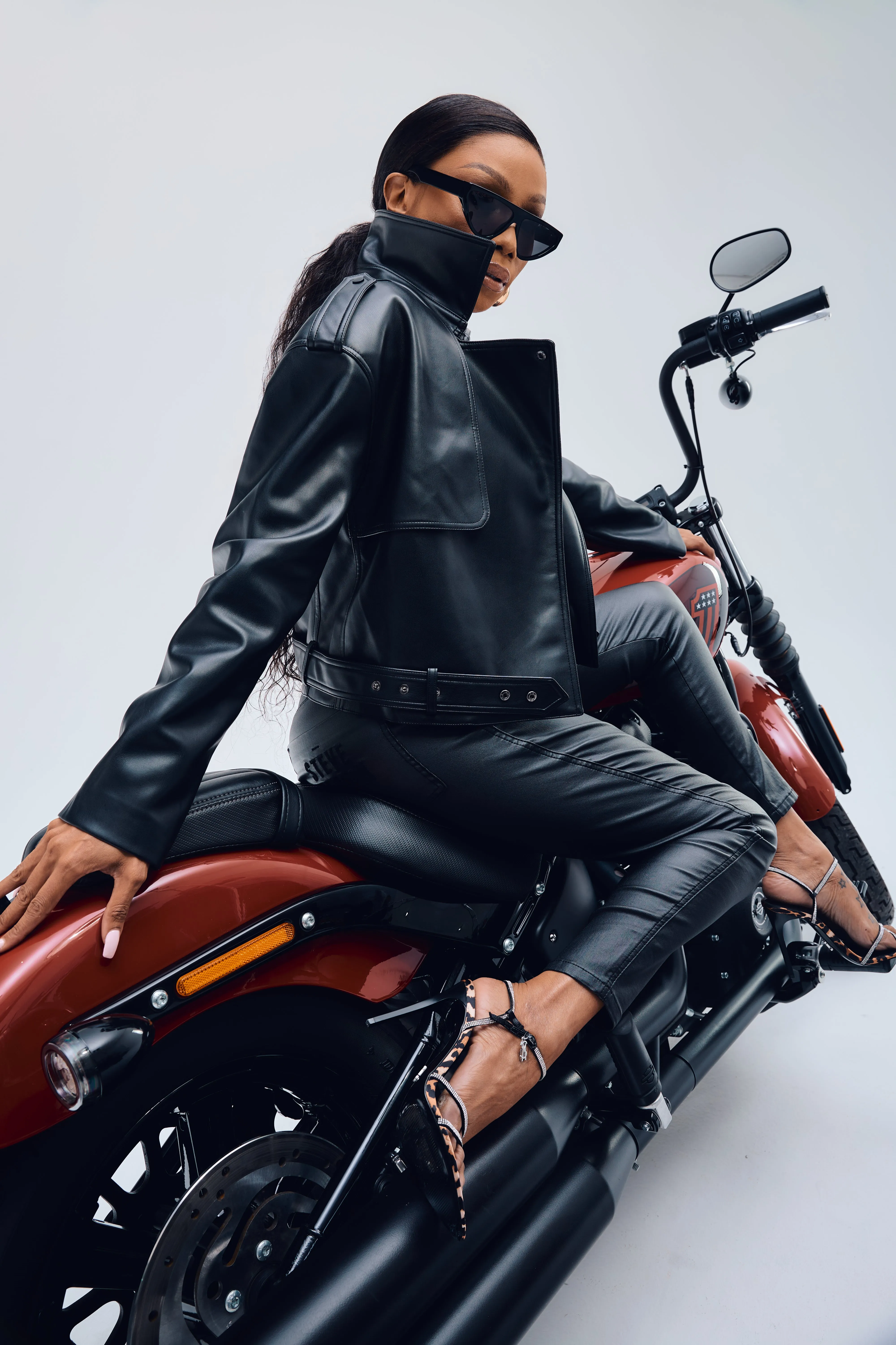 RHEA BLACK VEGAN LEATHER CROPPED TRENCH