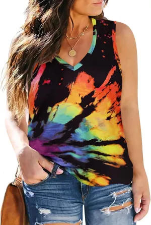 RITERA Plus Size Tank Tops for Women Tie Dye V Neck Sleeveless Shirt Casual Basic Muticolor Oversized Tanks XL-5XL