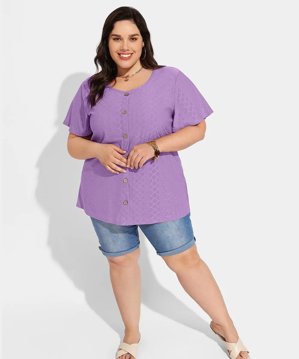 RITERA Plus Size Tops for Women Crewneck Neck with Button Up Short Sleeve Embroidery Henley Tshirt Casual Basic Shirt XL-5XL
