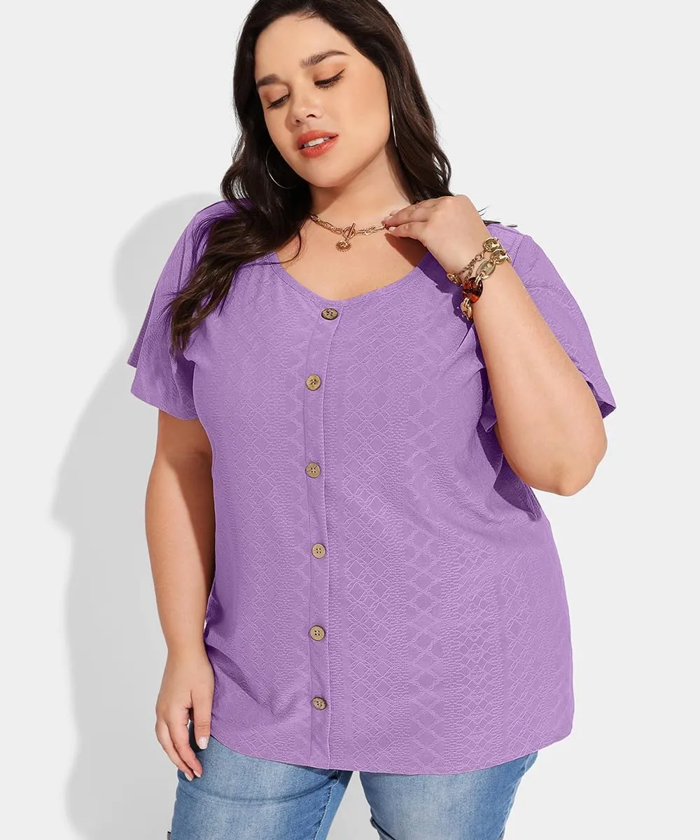 RITERA Plus Size Tops for Women Crewneck Neck with Button Up Short Sleeve Embroidery Henley Tshirt Casual Basic Shirt XL-5XL