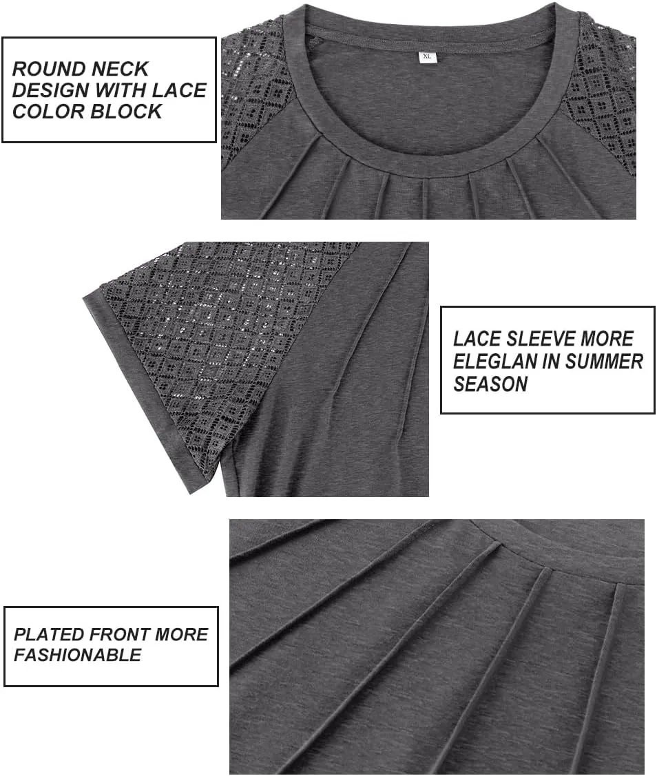 RITERA Plus Size Tops for Women Crewneck Short Sleeve Lace Flower Pleated Front Tshirt Casual Summer Blouse XL-5XL