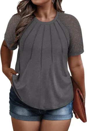 RITERA Plus Size Tops for Women Crewneck Short Sleeve Lace Flower Pleated Front Tshirt Casual Summer Blouse XL-5XL