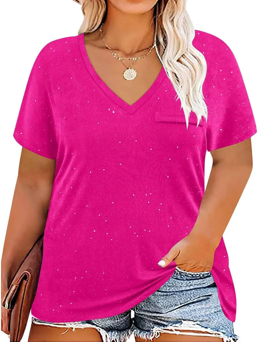 RITERA Plus Size Tops for Women Oversized Summer Basic V Neck Short Sleeve Henley Shirt Casual Tunic Shirts XL-5XL