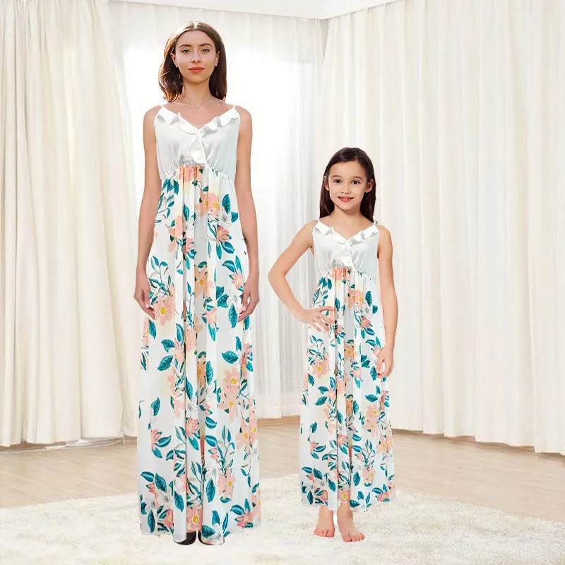 Ruffle Floral Sleeveless Matching Midi Sling Chiffon Dresses