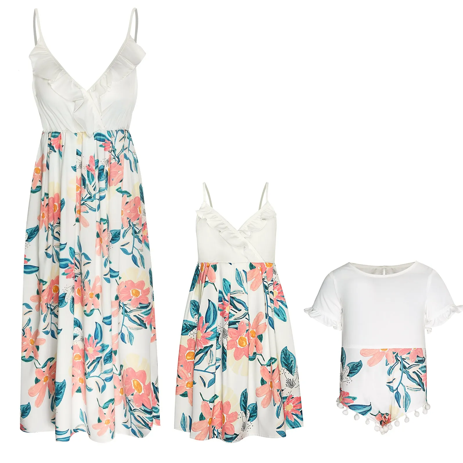 Ruffle Floral Sleeveless Matching Midi Sling Chiffon Dresses