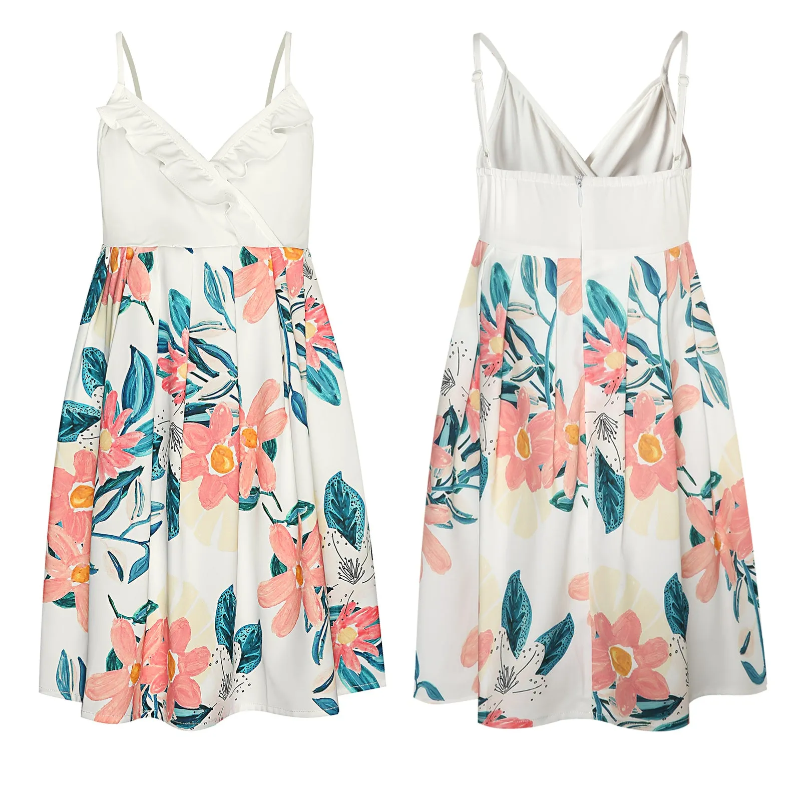Ruffle Floral Sleeveless Matching Midi Sling Chiffon Dresses