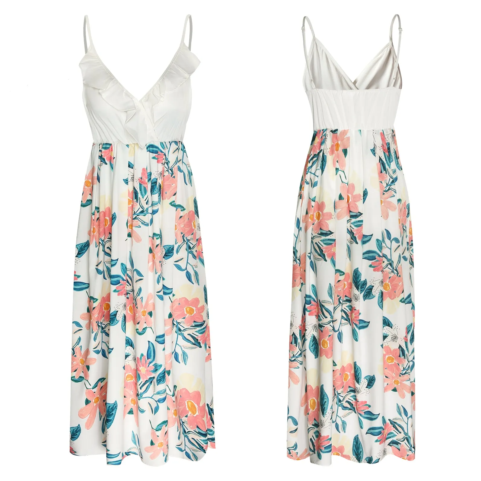 Ruffle Floral Sleeveless Matching Midi Sling Chiffon Dresses