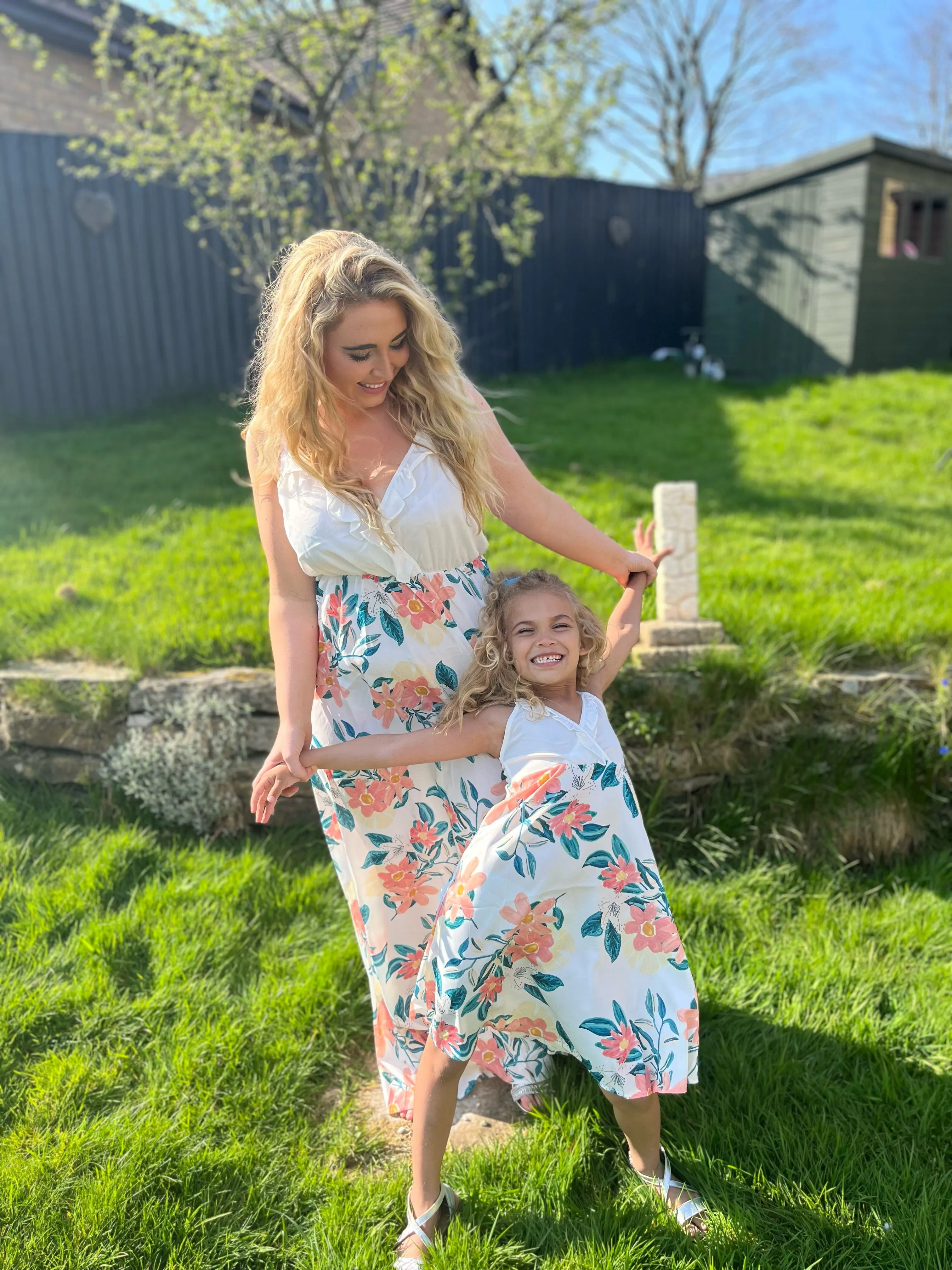 Ruffle Floral Sleeveless Matching Midi Sling Chiffon Dresses