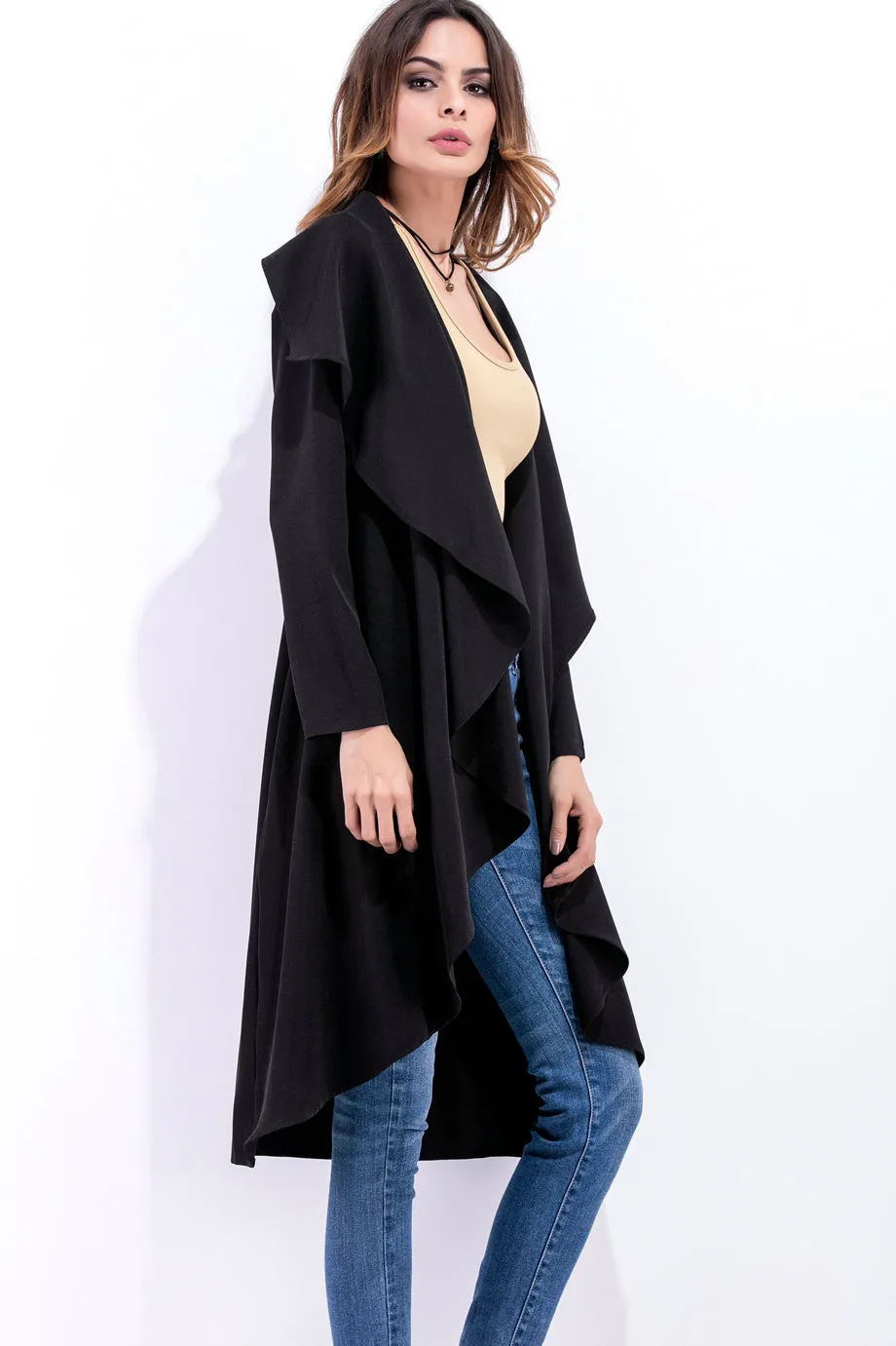 Ruffles Lapel Solid Color Long Irregular Coat