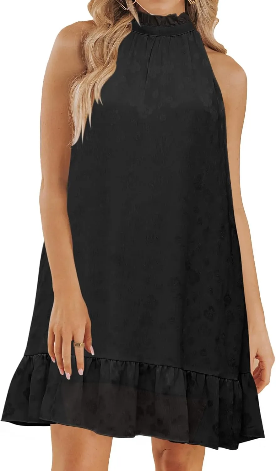 SENFURE Womens Flowy Tiered Short Dresses Halter Neck Cute Floral Mini Dresses Chiffon Babydoll A Line Beach Sundress Black