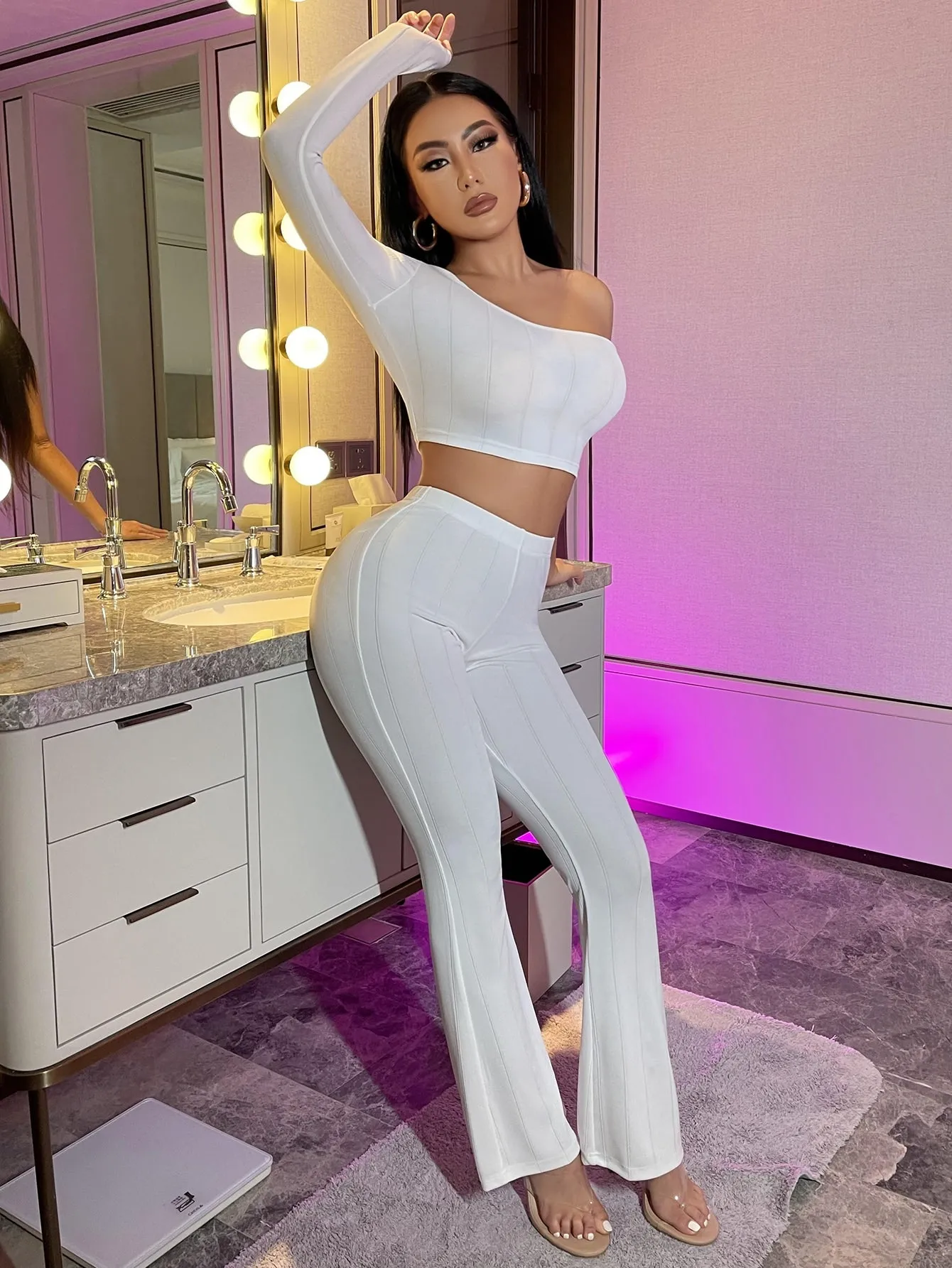 Sexy Plain Long Sleeve One Shoulder Semi-Sheer Women Two-Piece Outfits