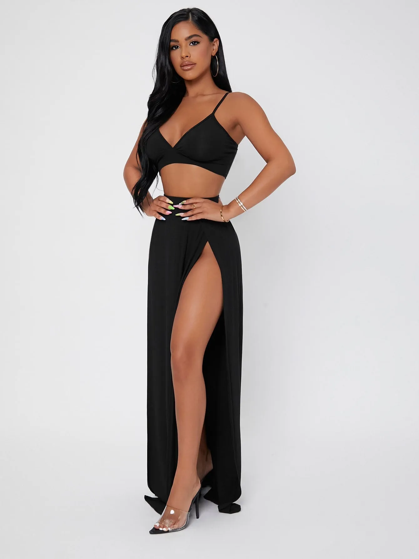 Sexy Plain Split Thigh Sleeveless Spaghetti Strap Women Two-Piece Outfits