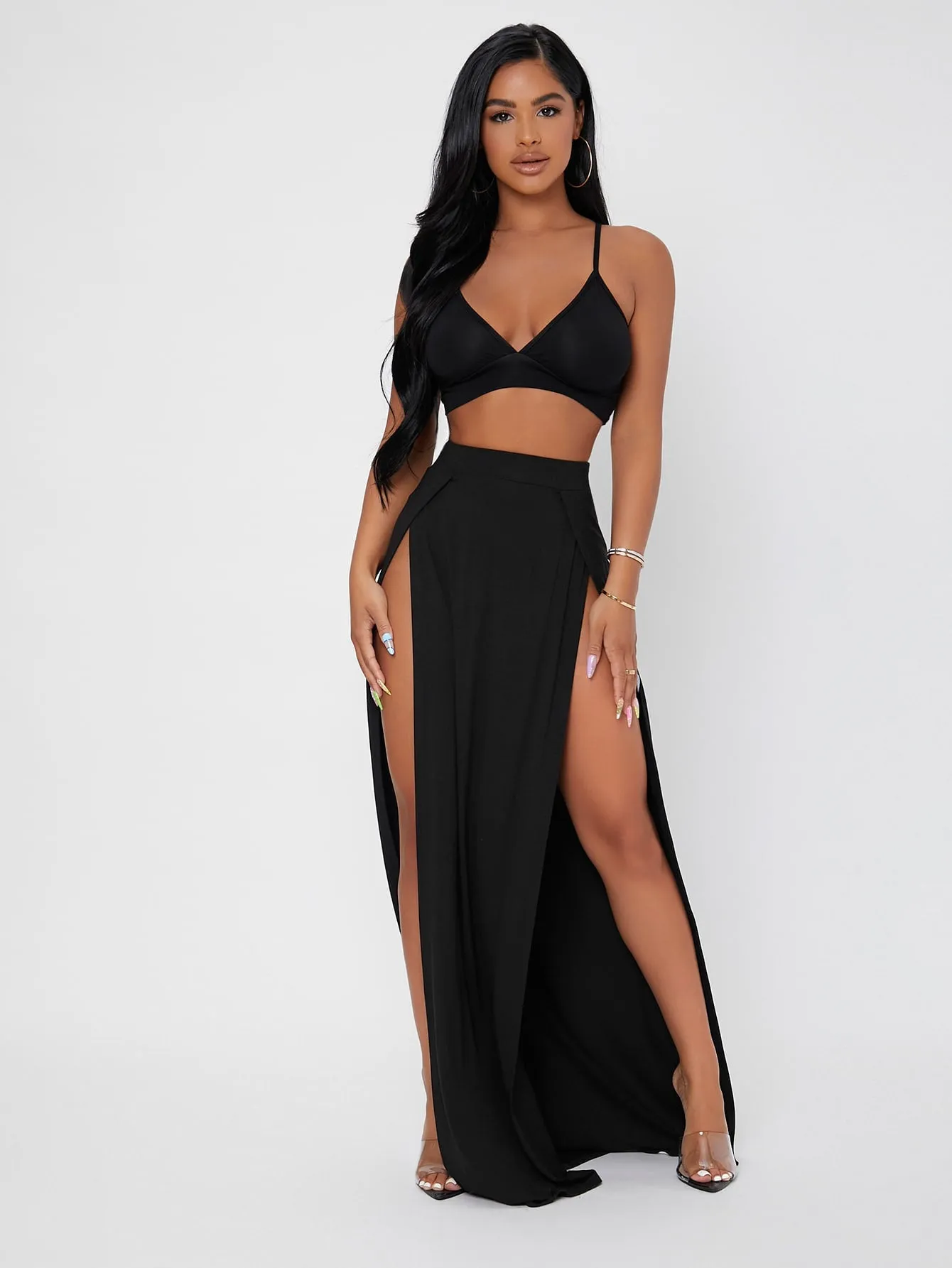 Sexy Plain Split Thigh Sleeveless Spaghetti Strap Women Two-Piece Outfits