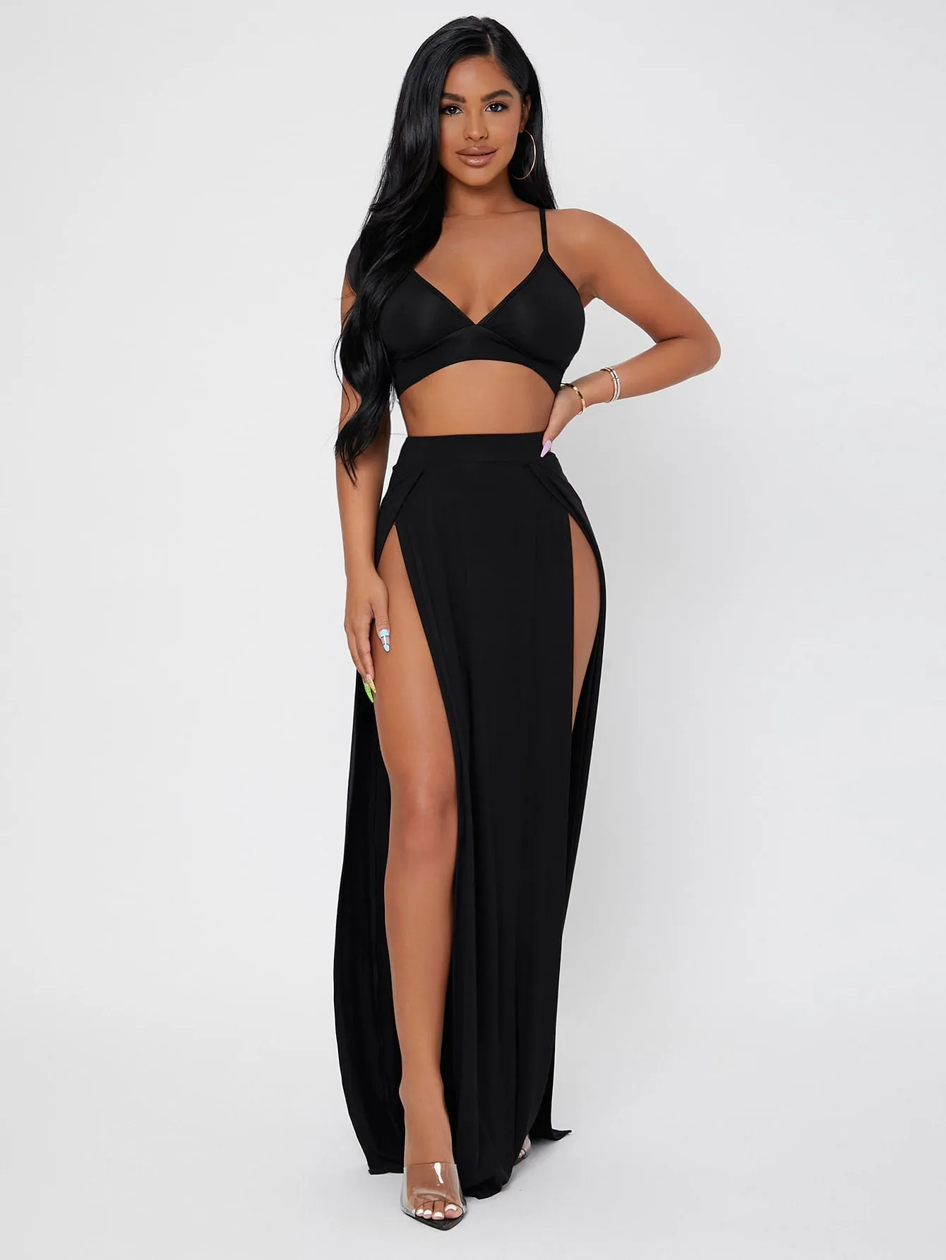 Sexy Plain Split Thigh Sleeveless Spaghetti Strap Women Two-Piece Outfits