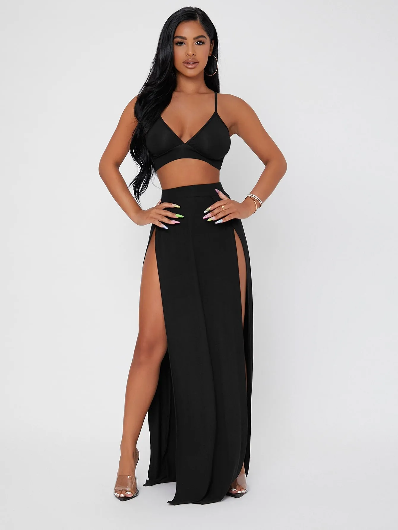 Sexy Plain Split Thigh Sleeveless Spaghetti Strap Women Two-Piece Outfits