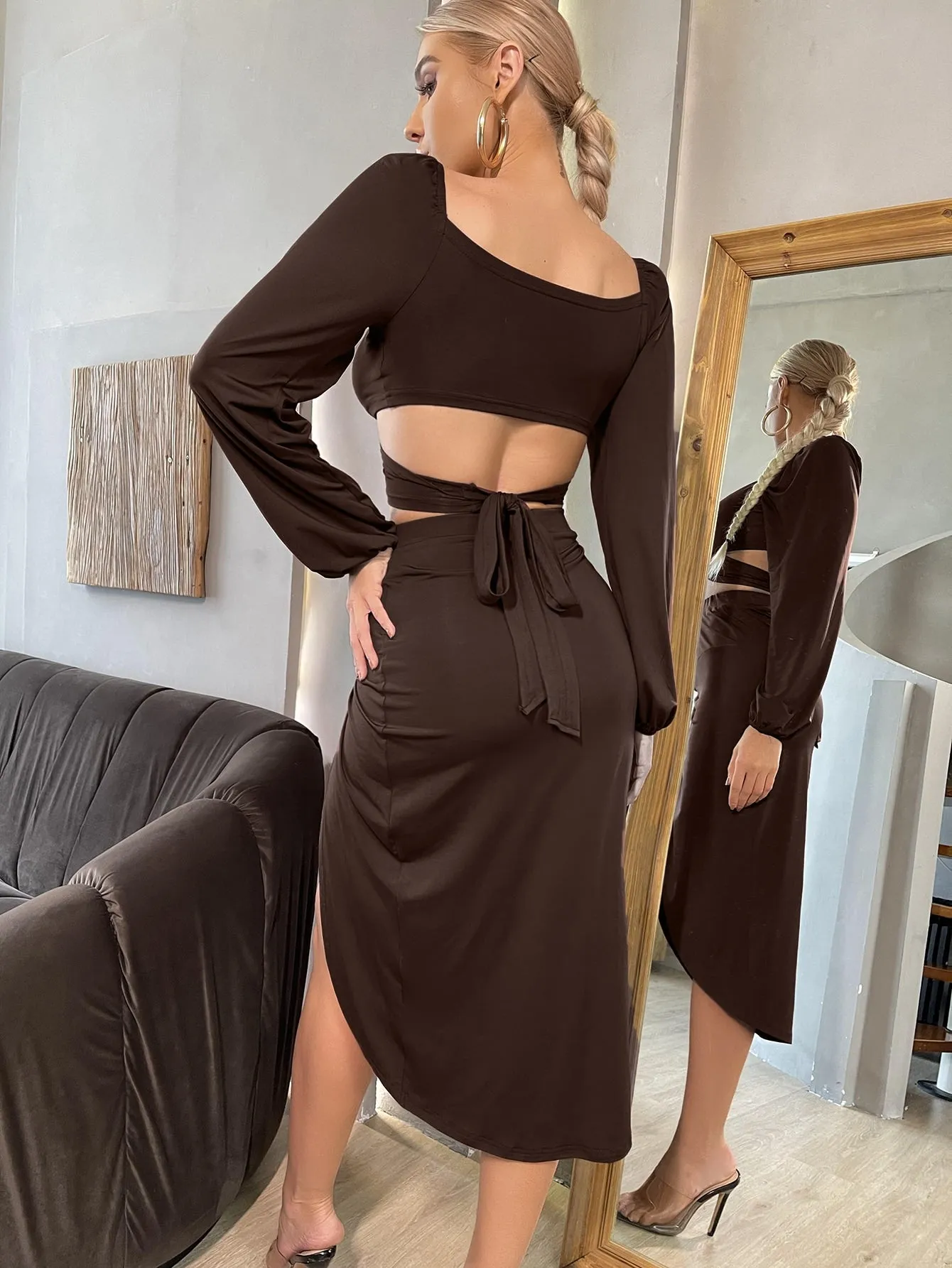 Sexy Plain Twist Long Sleeve Sweetheart Women Two-Piece Outfits
